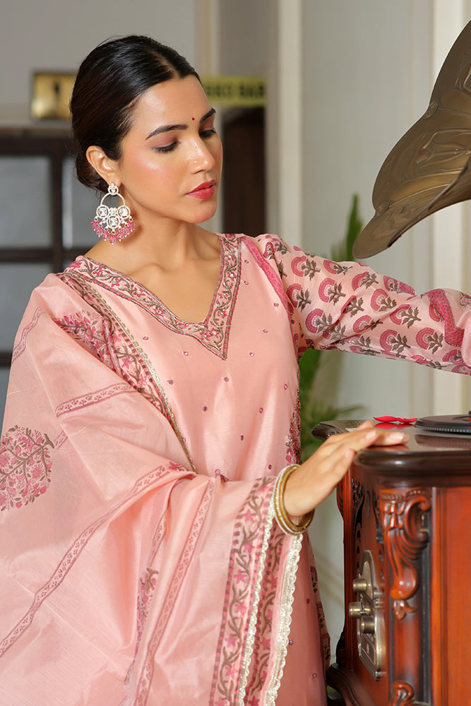 Vaasva Women Orange Chanderi Block Printed Embroidered Kurta Set With Solid Pants & Dupatta | Swadesiicart