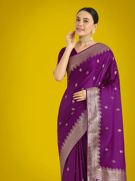Monjolika Fashion Divine Purple Soft Banarasi Satin Silk Saree With Blouse Piece | Swadesiicart