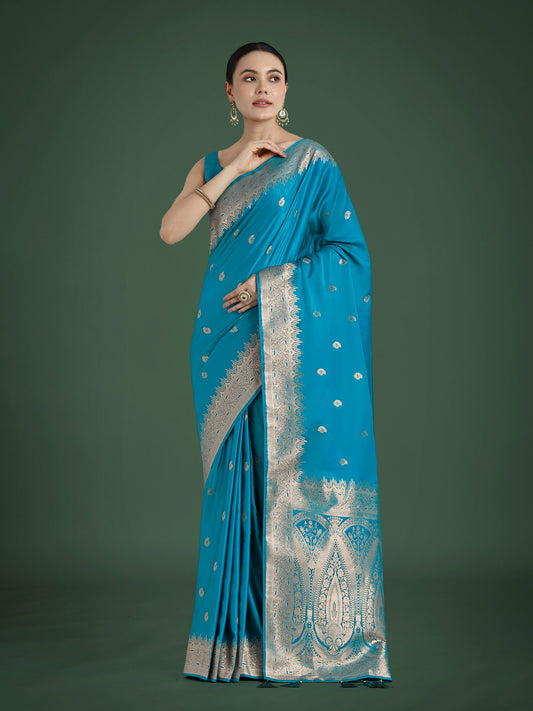 Monjolika Fashion Divine Cyan blue Soft Banarasi Satin Silk Saree With Blouse Piece | Swadesiicart