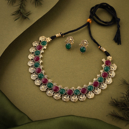 Tehzeeb Creations Green And Maroon Colour Gold-Polished Stone Jewellery Choker Necklace Set With Matching Pair of Stud Earrings - Swadesiicart