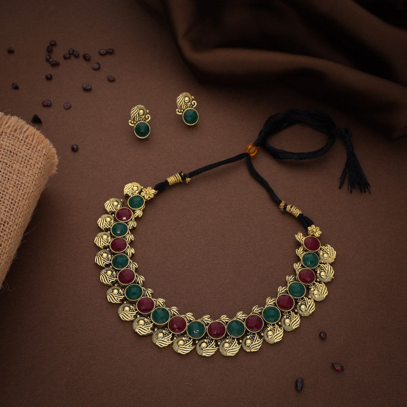 Tehzeeb Creations Green And Maroon Colour Gold-Polished Stone Jewellery Choker Necklace Set With Matching Pair of Stud Earrings - Swadesiicart