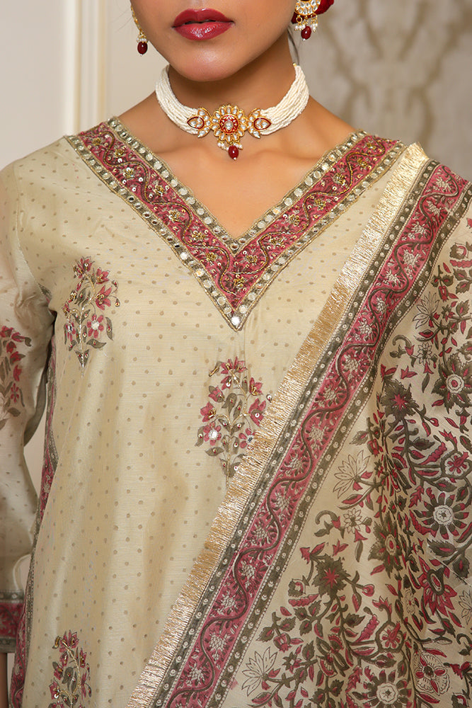 Vaasva Women Green Chanderi Block Printed Embroidered Kurta Set With Solid Pants & Dupatta | Swadesiicart