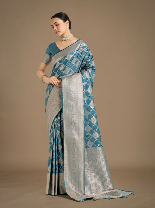 Monjolika Fashion Cyan blue Banarasi Satin Silk Saree with Rich Zari Woven Pallu & Blouse Piece | Swadesiicart