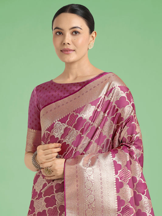 Monjolika Fashion Rose Pink Banarasi Satin Silk Saree with Rich Zari Woven Pallu & Blouse Piece | Swadesiicart