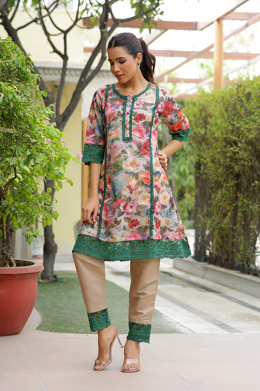 Vaasva Women Beige Embroidered Printed Kurta Set With Laced Solid Pants | Swadesiicart