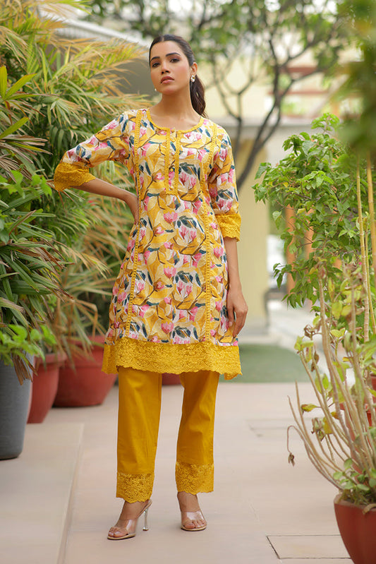 Vaasva Women Yellow Embroidered Printed Kurta Set With Laced Solid Pants | Swadesiicart