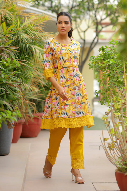 Vaasva Women Yellow Embroidered Printed Kurta Set With Laced Solid Pants | Swadesiicart