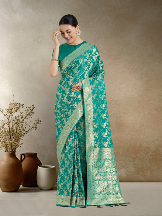 Monjolika Fashion Effervescent Turquoise Soft Banarasi Satin Silk Saree With Elision Blouse Piece | Swadesiicart