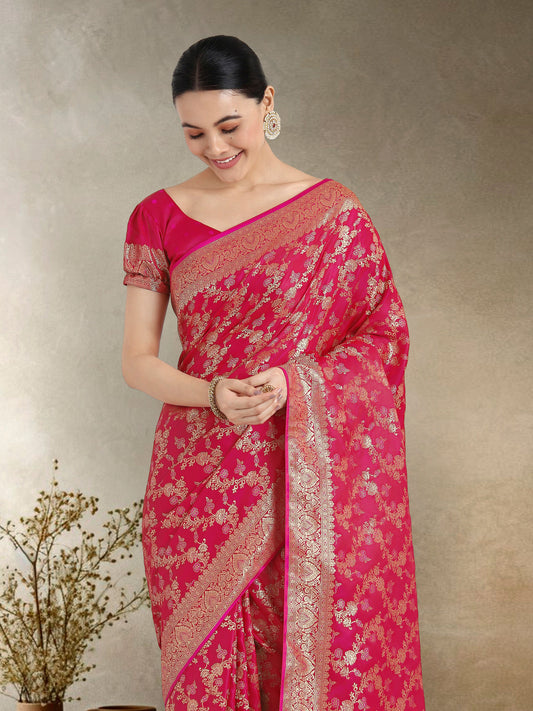 Monjolika Fashion Effervescent Bright Pink Soft Banarasi Satin Silk Saree With Elision Blouse Piece | Swadesiicart