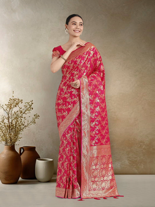 Monjolika Fashion Effervescent Bright Pink Soft Banarasi Satin Silk Saree With Elision Blouse Piece | Swadesiicart