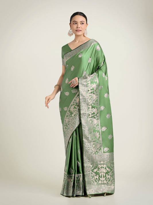 Monjolika Fashion Light Green Zari Weaving Work Banarasi Satin Silk Traditional Saree | Swadesiicart