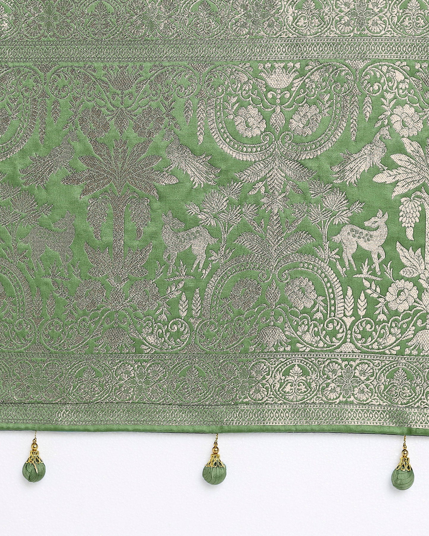 Monjolika Fashion Light Green Zari Weaving Work Banarasi Satin Silk Traditional Saree | Swadesiicart