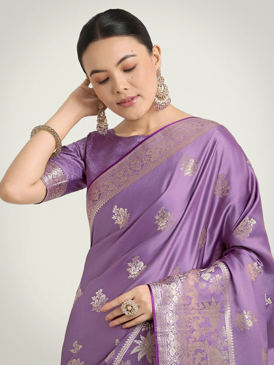 Monjolika Fashion Lavender Zari Weaving Work Banarasi Satin Silk Traditional Saree | Swadesiicart