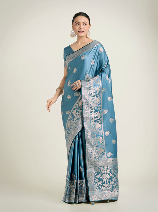 Monjolika Fashion Cyan blue Zari Weaving Work Banarasi Satin Silk Traditional Saree | Swadesiicart