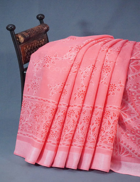 Shades of Light Peach Colour Floral Print Semi Chanderi Saree By Gayathri Reddy Designer Studio | Swadesiicart