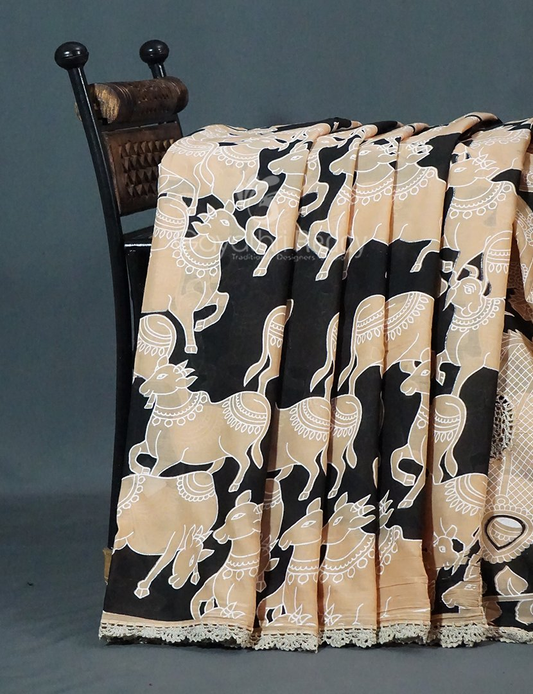 Black And Beige Combo Colour Pichwai Print Crocia Mulmul Cotton Saree By Gayathri Reddy Designer Studio | Swadesiicart
