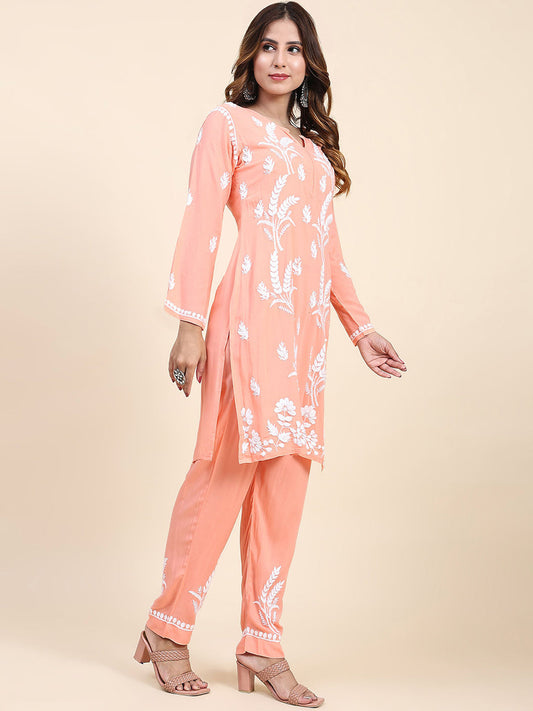 HOUSE OF KARI Floral Embroidered Chikankari Pure Cotton Kurta with Trousers | Swadesiicart