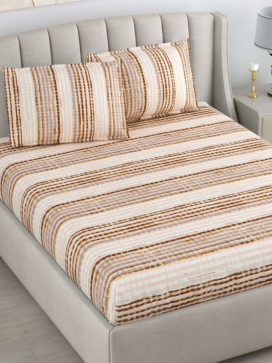 DREAM WEAVERZ Beige & Brown Striped Pure Cotton 220 TC King Bedsheet With 2 Pillow Covers - Swadesiicart