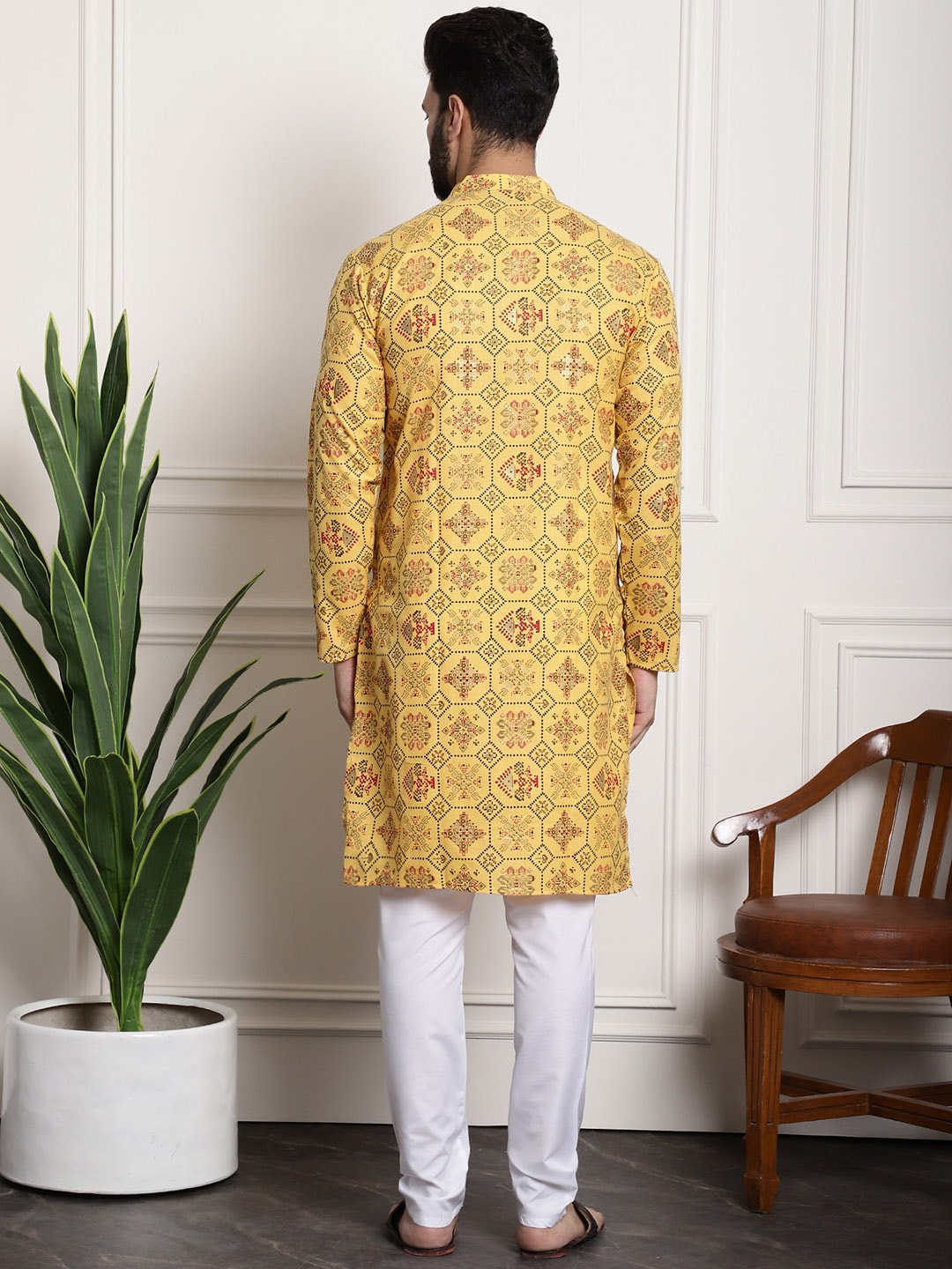 Sojanya Men Yellow Ethnic Motifs Printed Kurta with Churidar | Swadesiicart