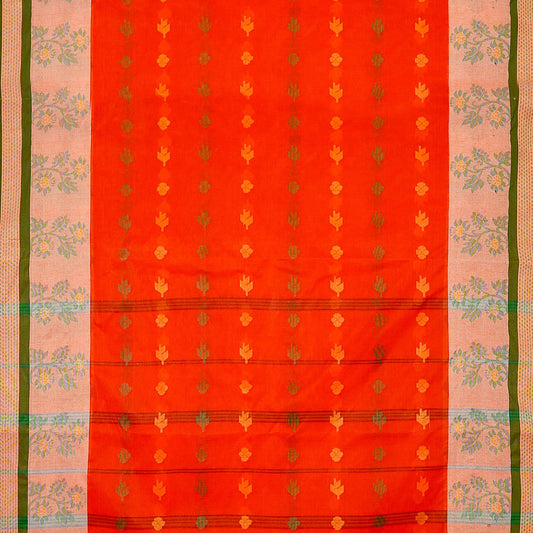 Exclusive Collection 100% Pure Cotton Tomato Red Tant Saree With Hand Weaving Work - Swadesiicart