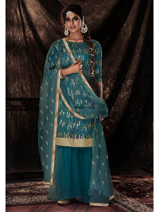 Myra Dark Firozi Net Embroidered Sharara Suit | Swadesiicart