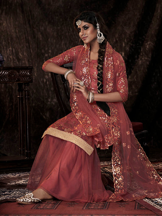 Myra Dark Orange Net Embroidered Sharara Suit | Swadesiicart