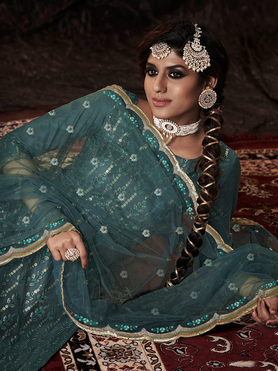 Myra Beautiful Dark Firozi Net Embroidered Sharara Suit | Swadesiicart