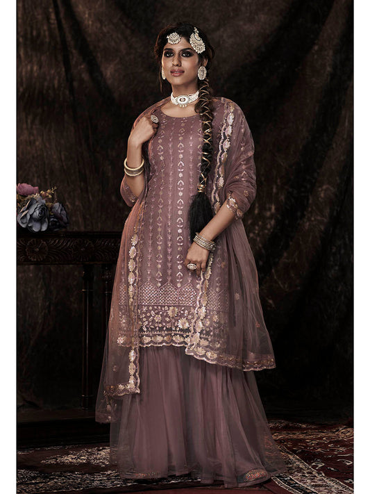 Myra Lilac Net Embroidered Sharara Suit | Swadesiicart