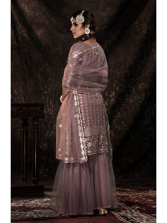 Myra Lilac Net Embroidered Sharara Suit | Swadesiicart