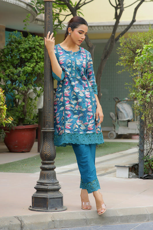Vaasva Women Cyan Embroidered Printed Kurta Set With Laced Solid Pants | Swadesiicart