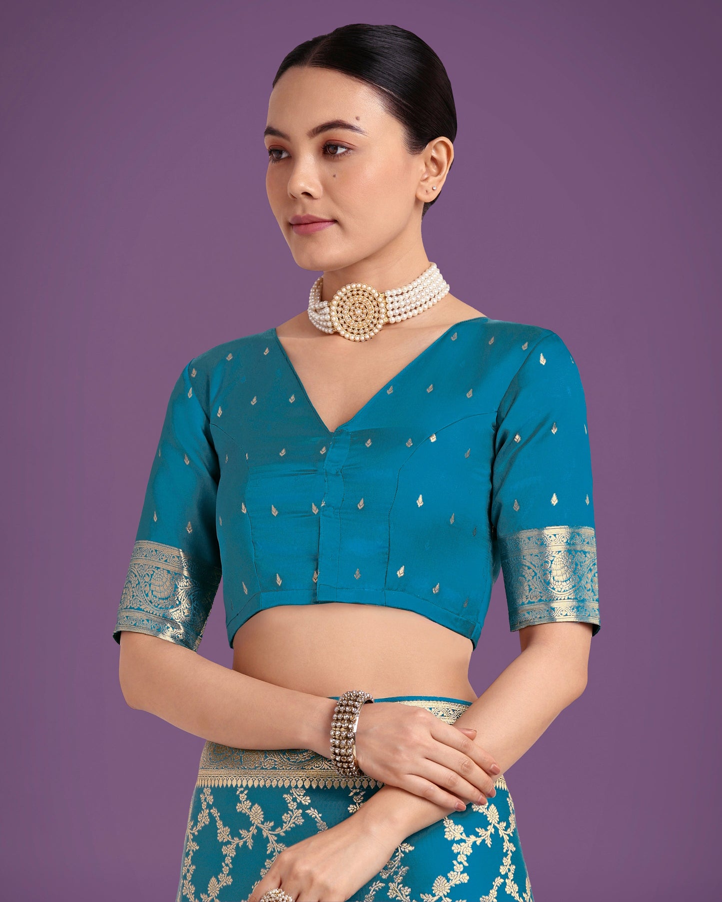 Monjolika Fashion Stunning Cyan blue Banarasi Satin Silk Golden Meenakari Work Saree | Swadesiicart