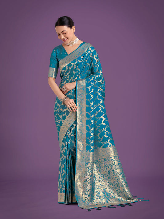 Monjolika Fashion Stunning Cyan blue Banarasi Satin Silk Golden Meenakari Work Saree | Swadesiicart