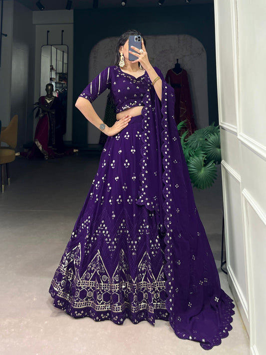Lorenvalley Purple Georgette Sequins and Thread Embroidery Work Lehenga Choli | Swadesiicart