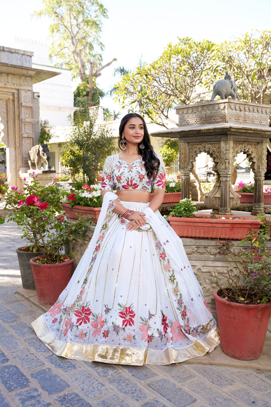 Lorenvalley Georgette Sequins and Thread Embroidery Work With Embossed Design Lace Lehenga Choli | Swadesiicart
