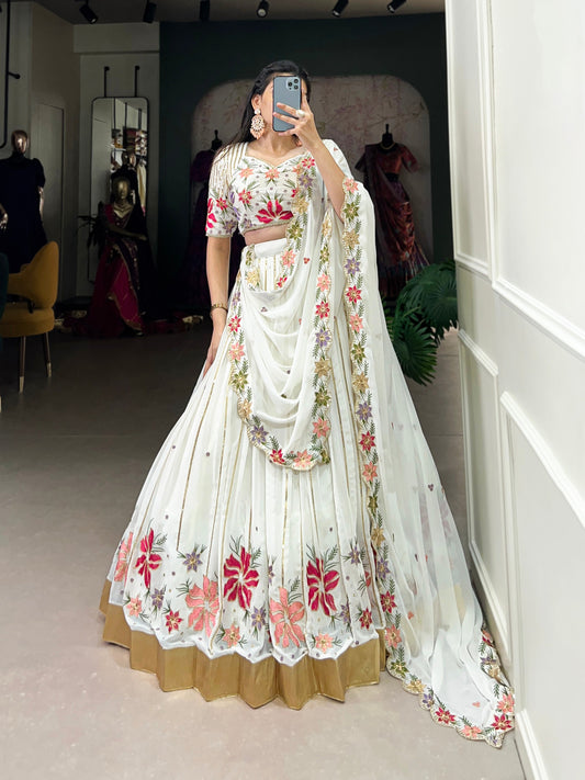 Lorenvalley White Georgette Sequins and Thread Embroidery Work with Embossed Design Lace Lehenga Choli | Swadesiicart