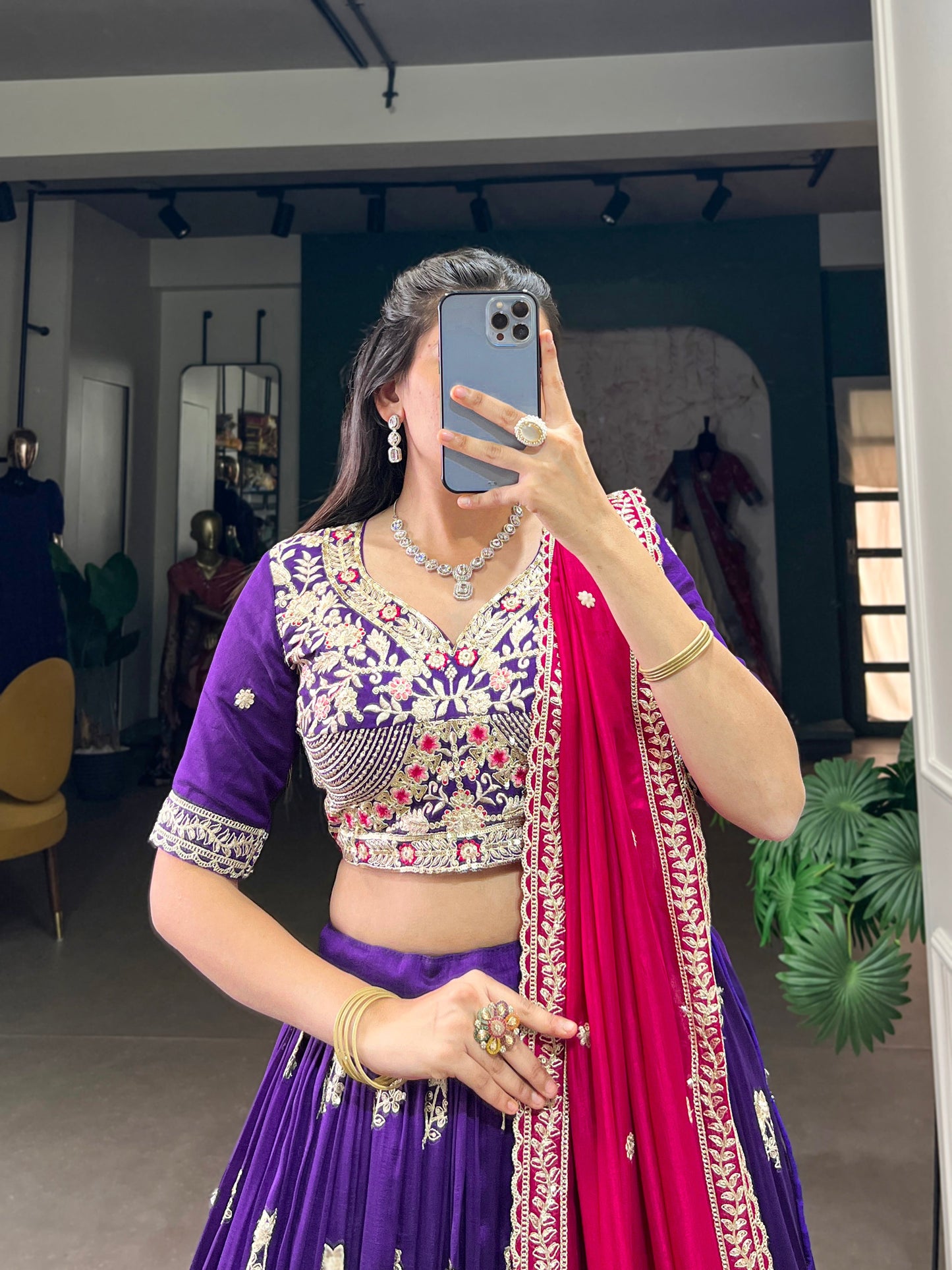 Lorenvalley Purple Vichitra Silk Sequins and Thread Embroidery Work Lehenga Choli | Swadesiicart