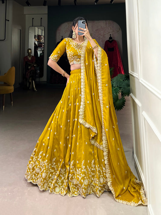Lorenvalley Mustard Vichitra Silk Sequins and Thread Embroidery Work Lehenga Choli | Swadesiicart