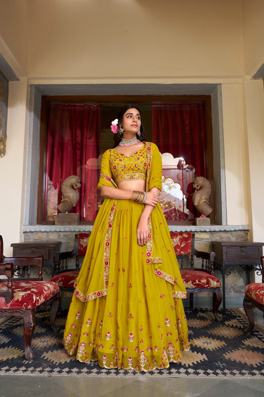Lorenvalley Mustard Georgette Sequins and Thread Embroidery Work Lehenga Choli | Swadesiicart