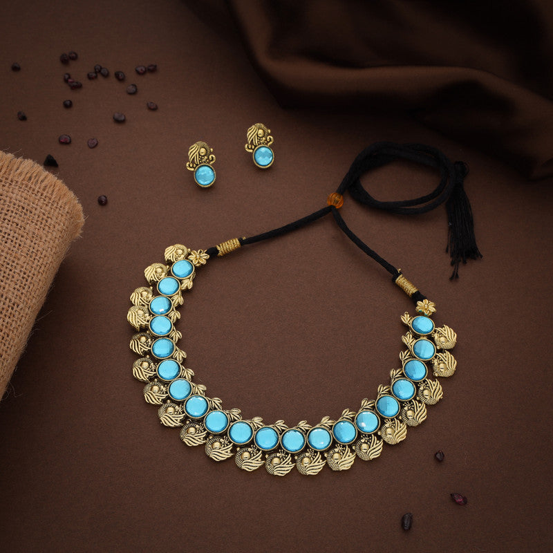 Tehzeeb Creations Sky Blue Colour Gold-Polished Stone Jewellery Choker Necklace Set With Matching Pair of Stud Earrings - Swadesiicart
