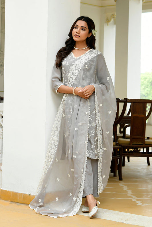 Vaasva Women Grey Linen Embroidered Solid Kurta Set With Solid Pants & Chiffon Embroidered Dupatta | Swadesiicart