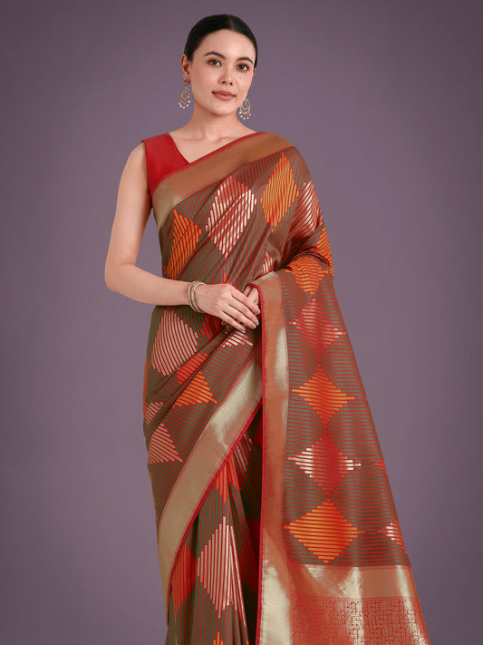 Monjolika Fashion Red Colour Banarasi Silk Zari Weaving Classic Saree | Swadesiicart