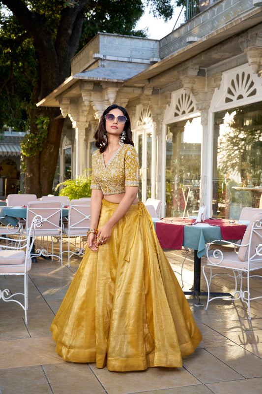 Lorenvalley Mustard Goldie Plain Lehenga with Sequins Thread Embroidery Work Choli | Swadesiicart