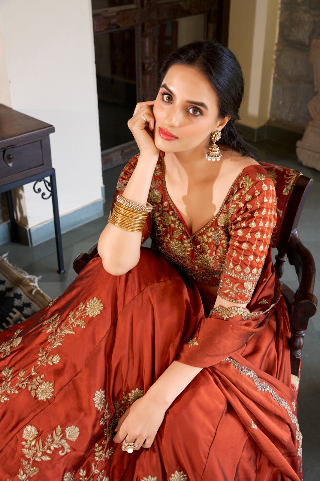 Lorenvalley Orange Rangoli Silk Lehenga choli | Swadesiicart