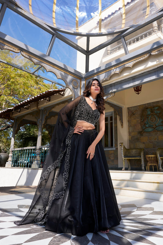 Lorenvalley Black Star Satin Plain Lehenga with Pearl Coding And Sequins Embroidery Work Choli and Dupatta | Swadesiicart