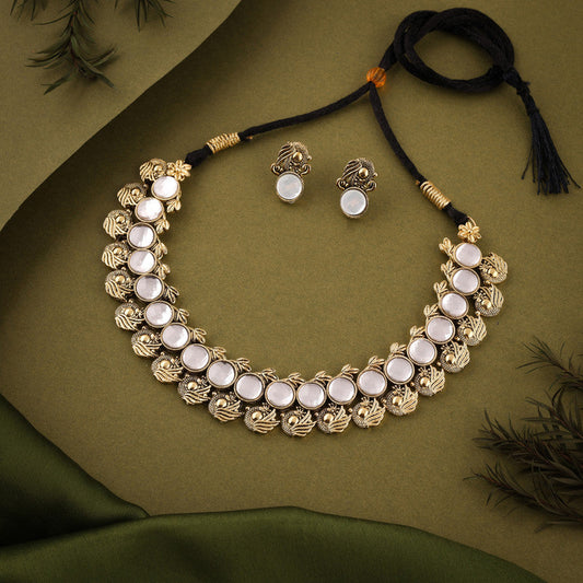 Tehzeeb Creations White Colour Gold-Polished Stone Jewellery Choker Necklace Set With Matching Pair of Stud Earrings - Swadesiicart