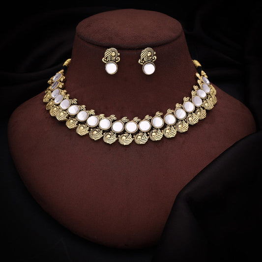 Tehzeeb Creations White Colour Gold-Polished Stone Jewellery Choker Necklace Set With Matching Pair of Stud Earrings - Swadesiicart