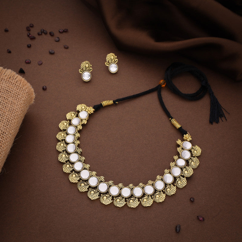 Tehzeeb Creations White Colour Gold-Polished Stone Jewellery Choker Necklace Set With Matching Pair of Stud Earrings - Swadesiicart