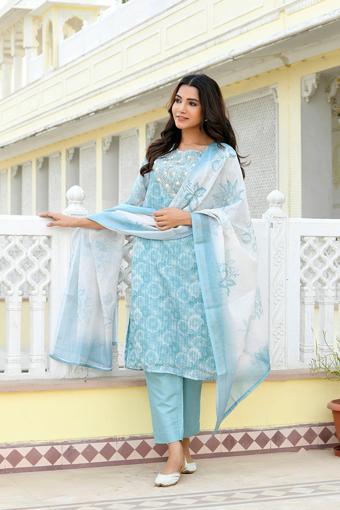 Vaasva Women Blue Tissue Linen Embroidered Solid Kurta Set With Solid Pants & Printed Dupatta