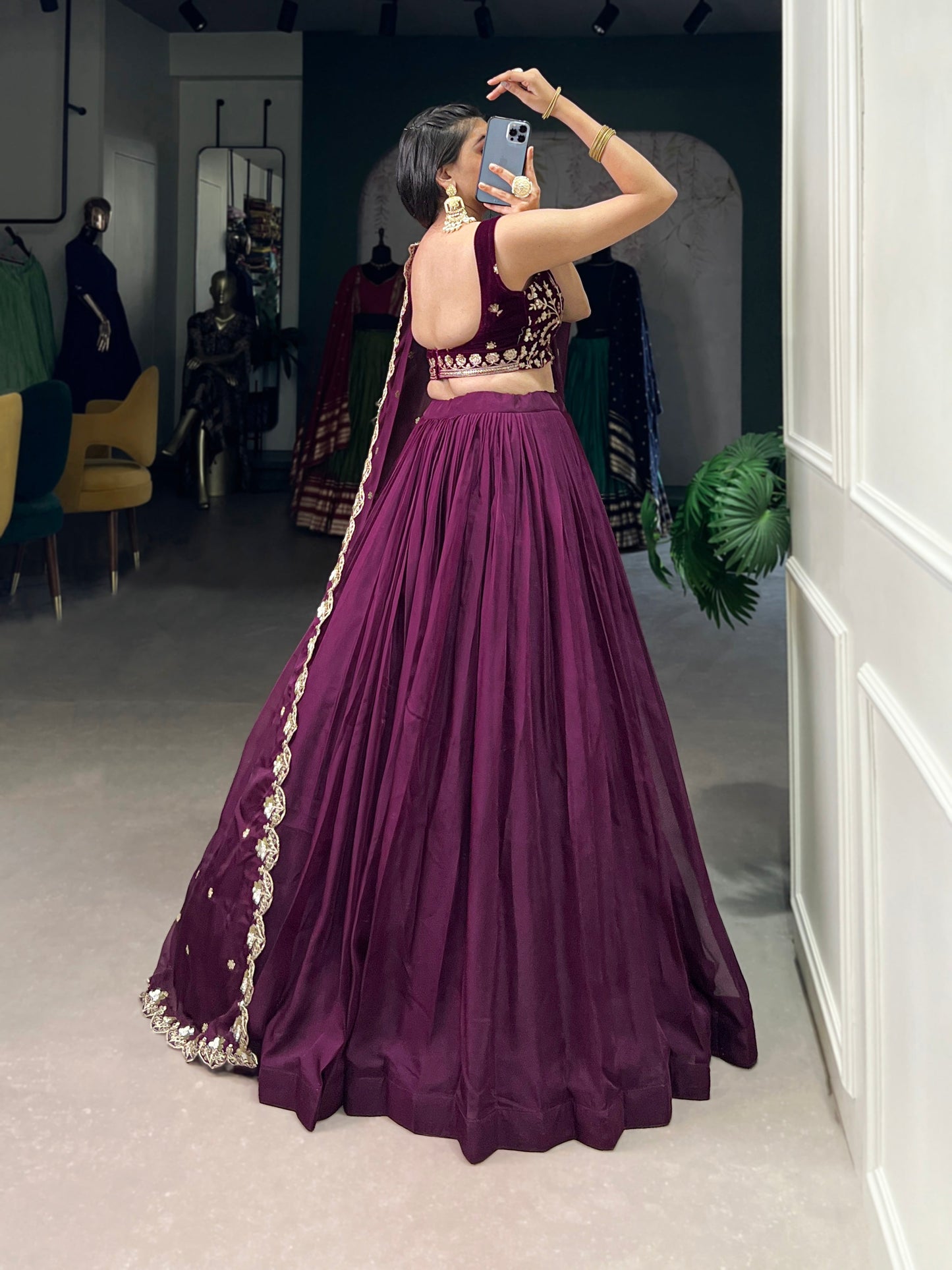Lorenvalley Wine Organza Plain Lehenga Choli Embroidery Work with Dupatta | Swadesiicart