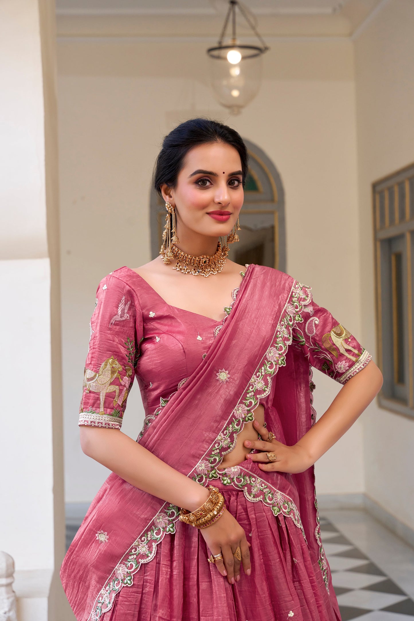 Lorenvalley Pink Gold Crush Fabric with Sequins and Thread Embroidery Work Lehenga Choli | Swadesiicart